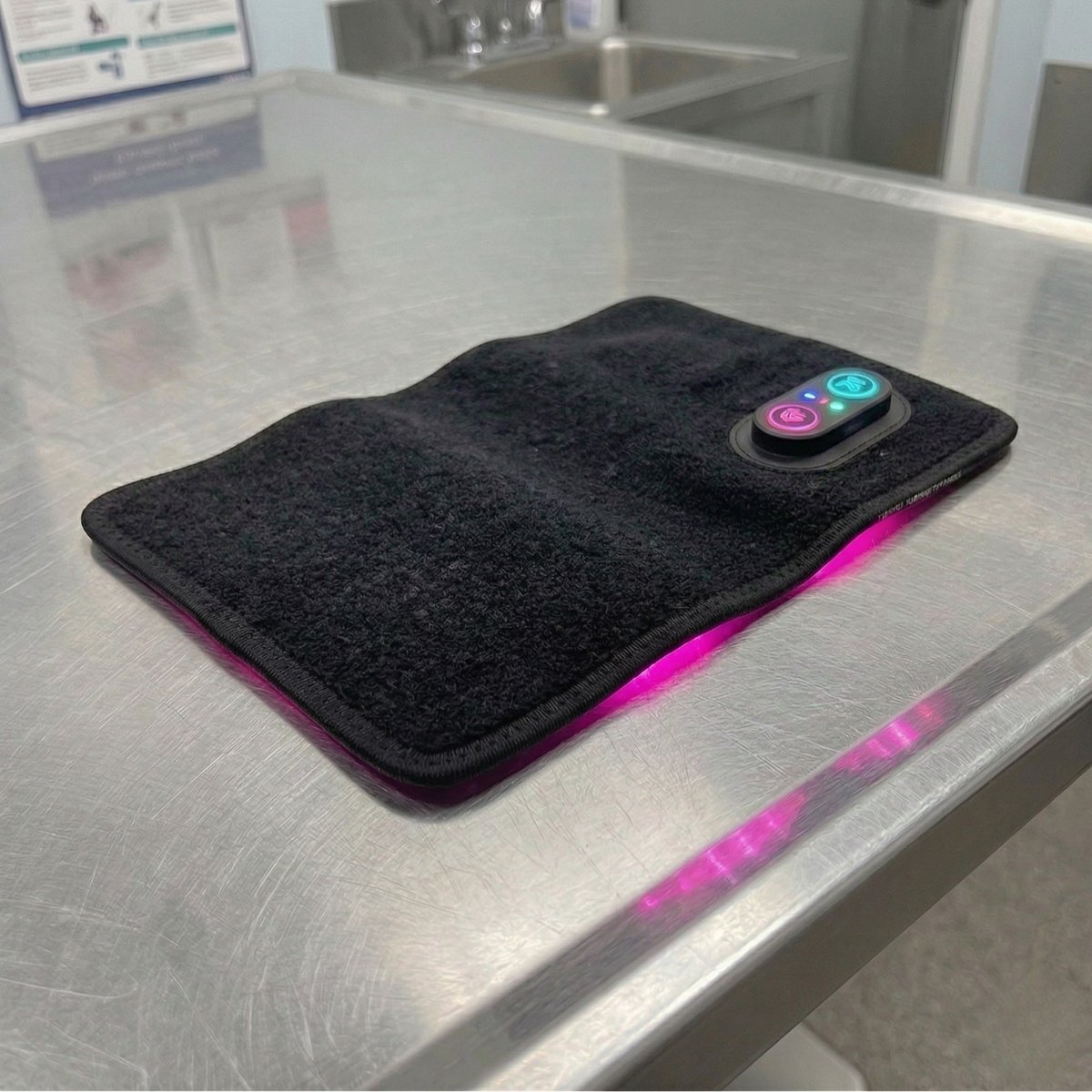 Luma Pet red light pad on a metal surface.