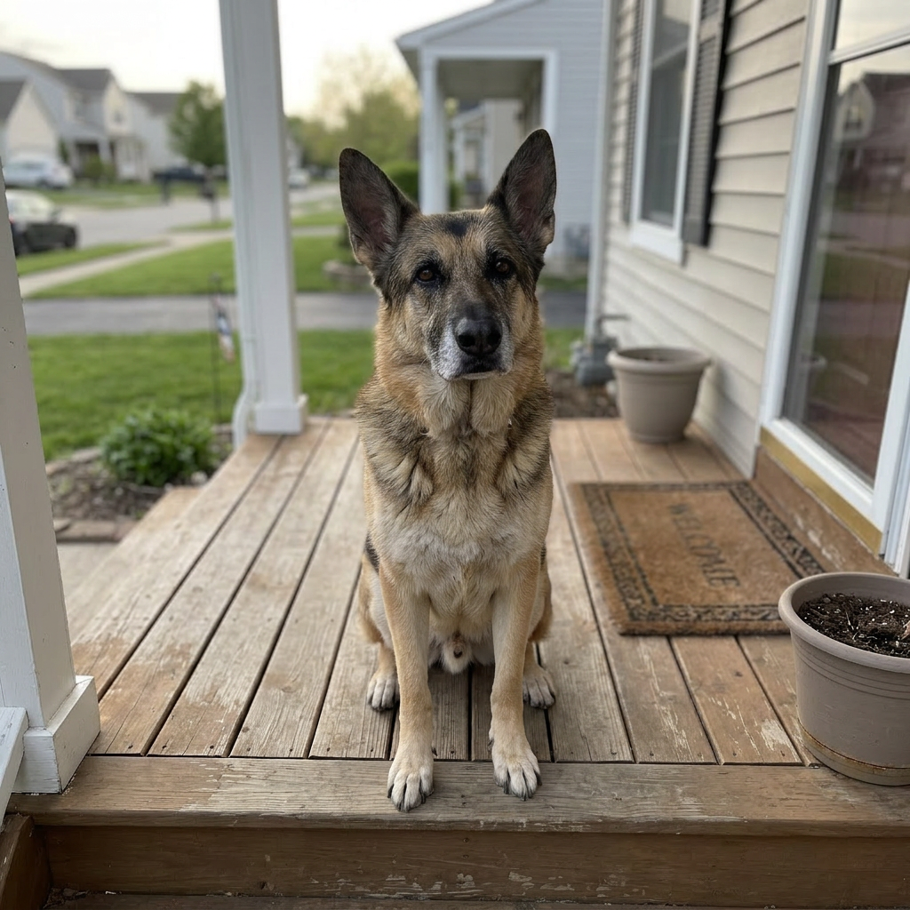 A German Shepherd dog sits attentively on a wooden porch in a suburban neighborhood.