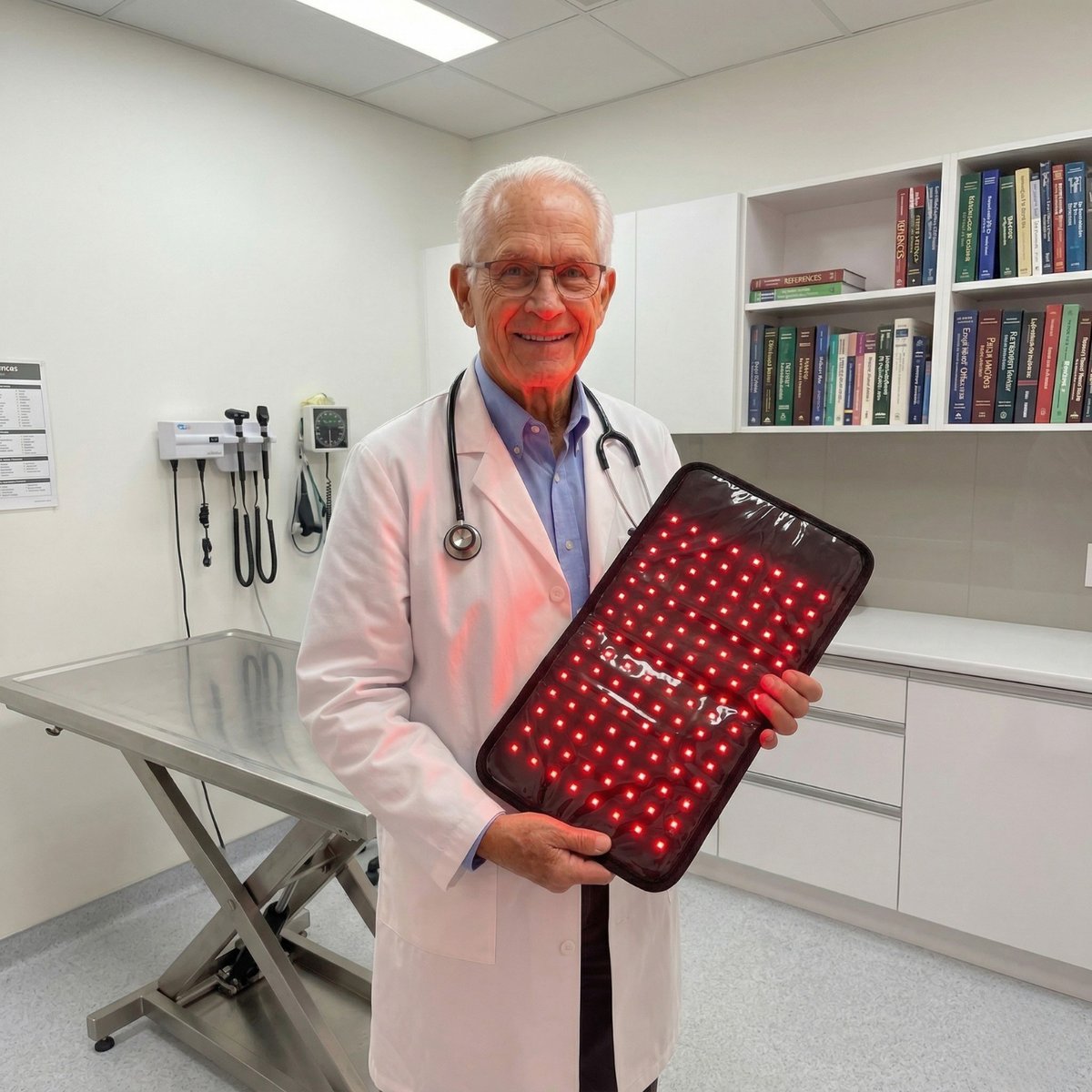 Dr. James holding the PetLonga red light mat in the exam room.