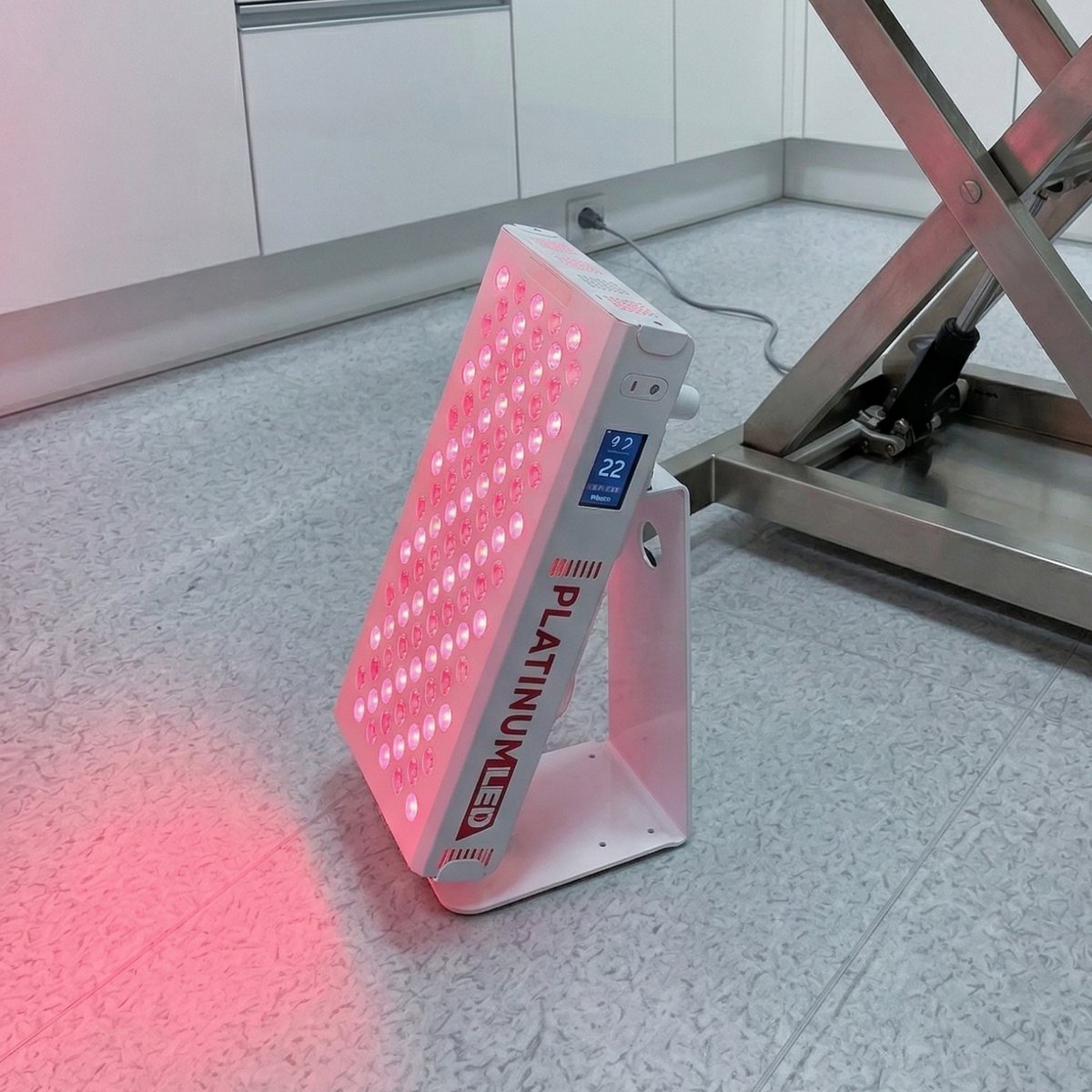 PlatinumLED BioMax 300 standing panel glowing red on the floor.
