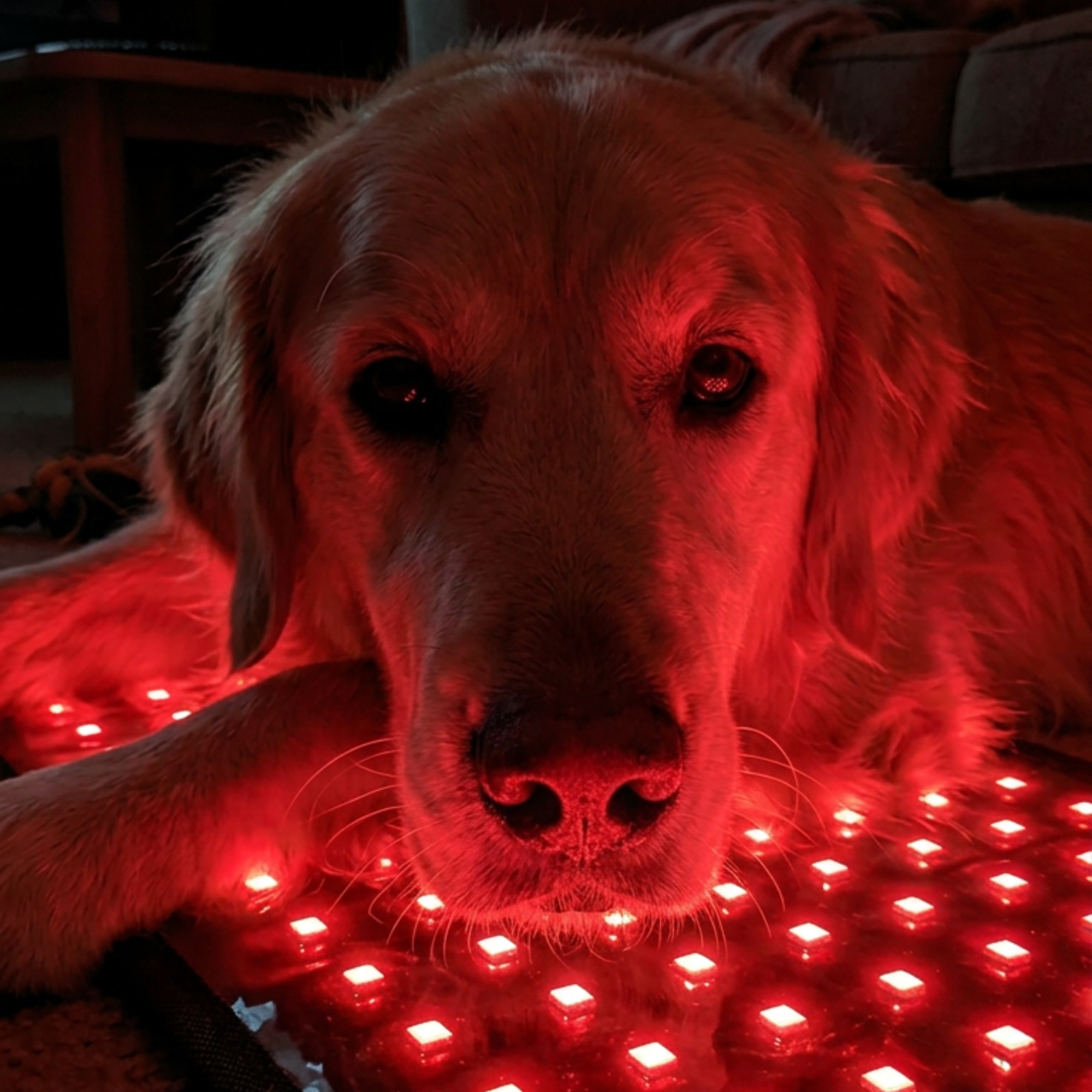 A golden retriever rests its head on a panel of glowing red lights, bathing its face in red.