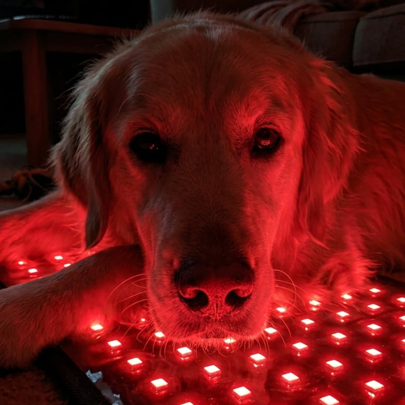 Dog resting on red light mat