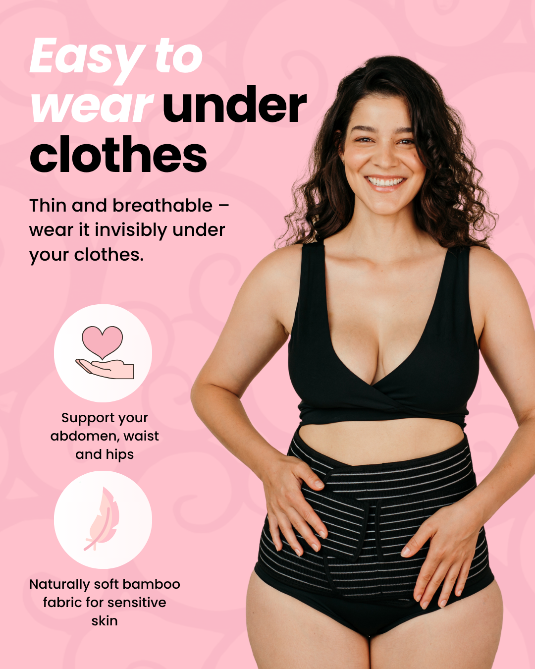 Smiling woman in black clothing, text about breathable undergarment support.