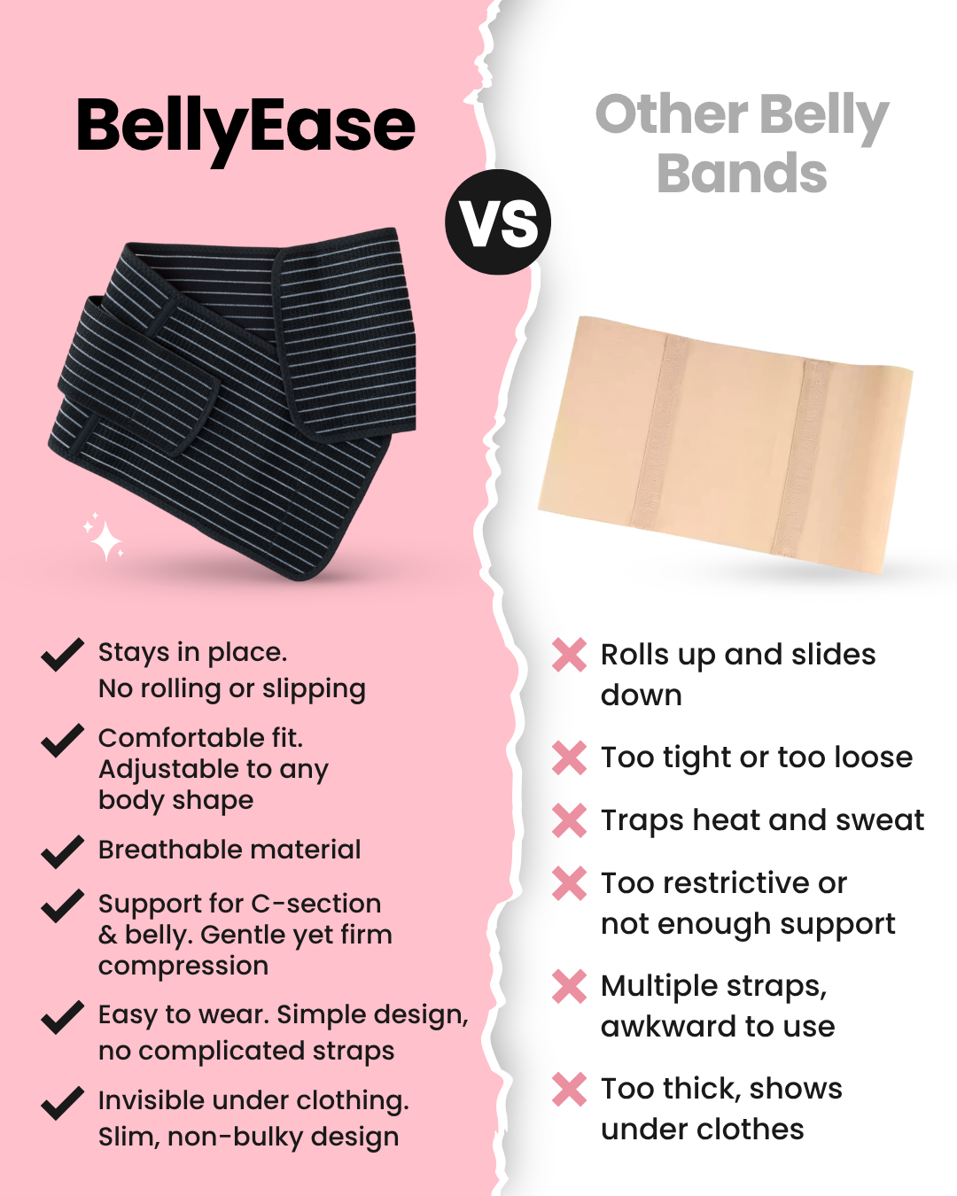 Comparison between BellyEase and other belly bands with pros and cons listed.