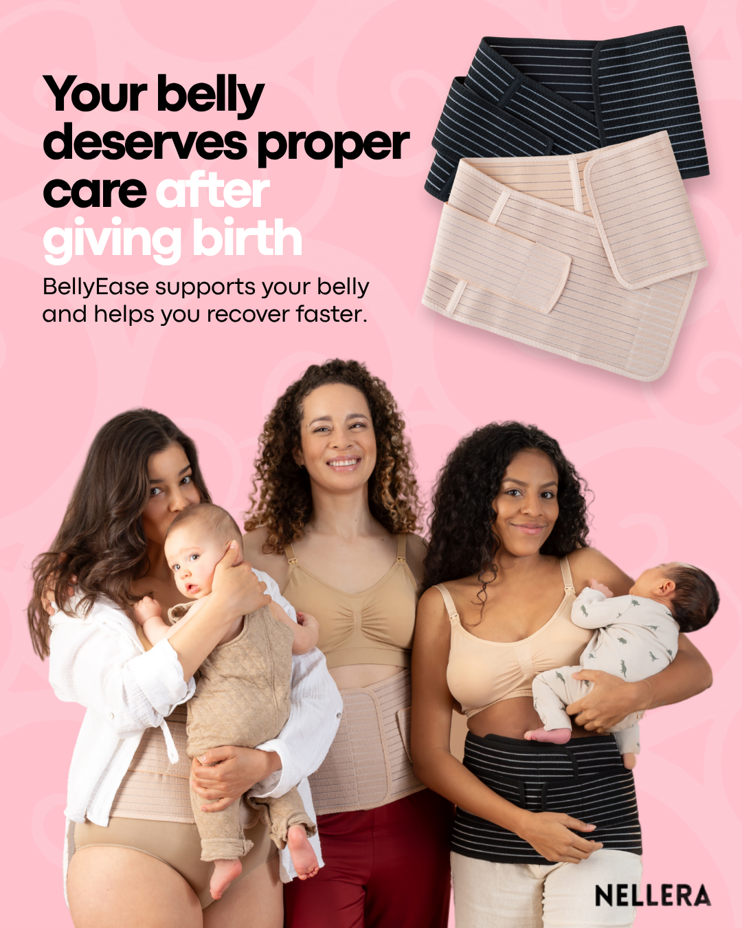 Three women wearing postpartum support garments, two holding babies, with text about belly care.