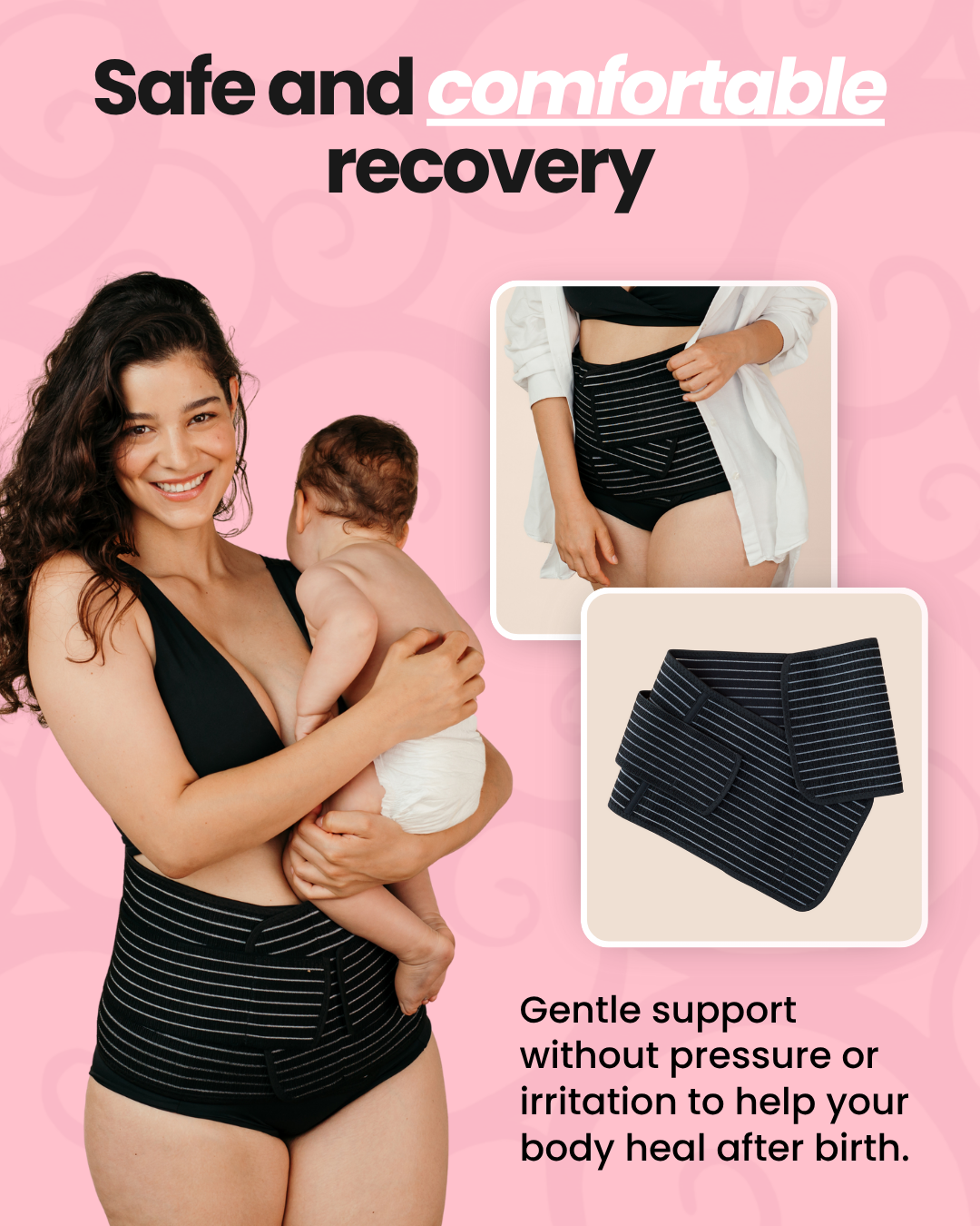 Woman holding baby, wearing black postpartum support garment.