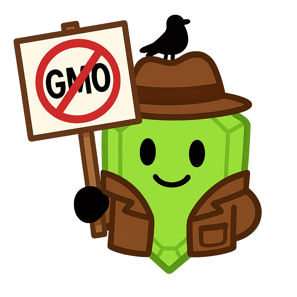 Cartoon green character holding a 'No GMO' sign with a bird on its hat.