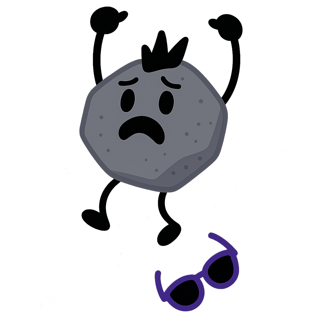 Cartoon rock with a sad face and sunglasses nearby.