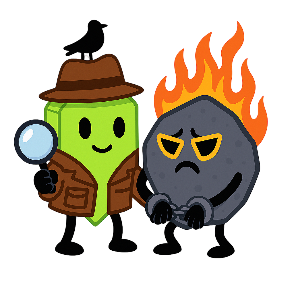 Cartoon detective gem with magnifying glass and flaming rock in handcuffs.