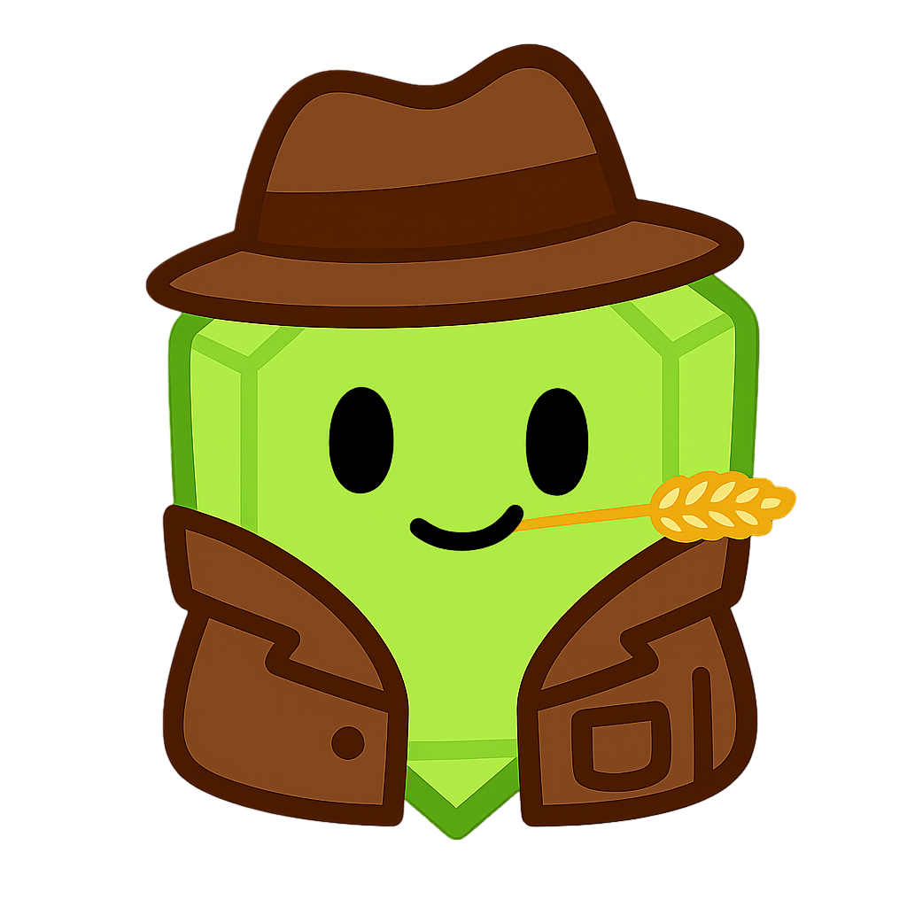Cartoon green gem wearing a brown hat and coat, holding a wheat stalk.