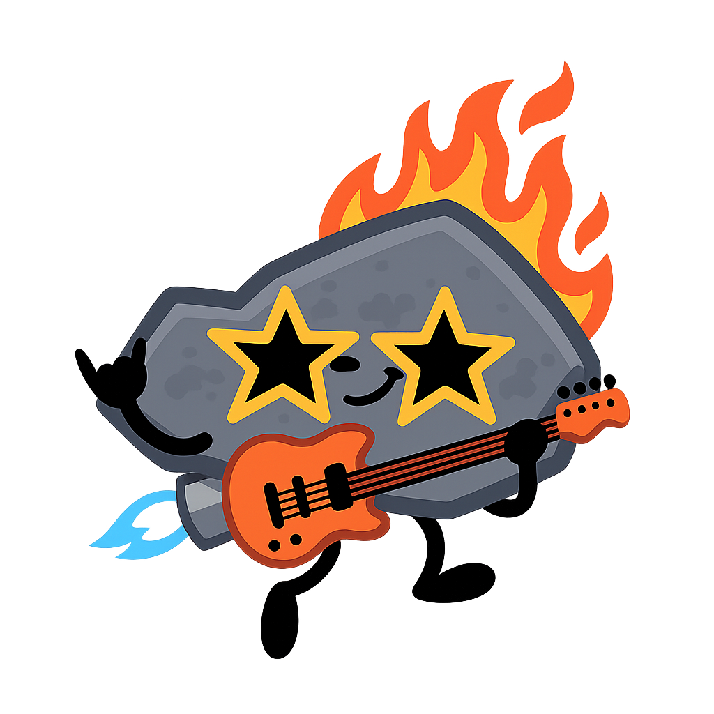 Cartoon rock with star glasses, flames, and a guitar.