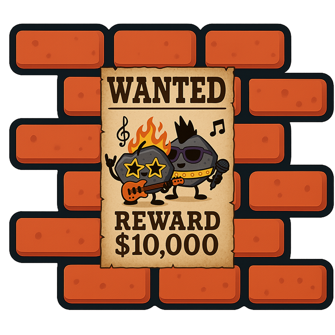 Cartoon wanted poster with two rock-themed characters on a brick wall.
