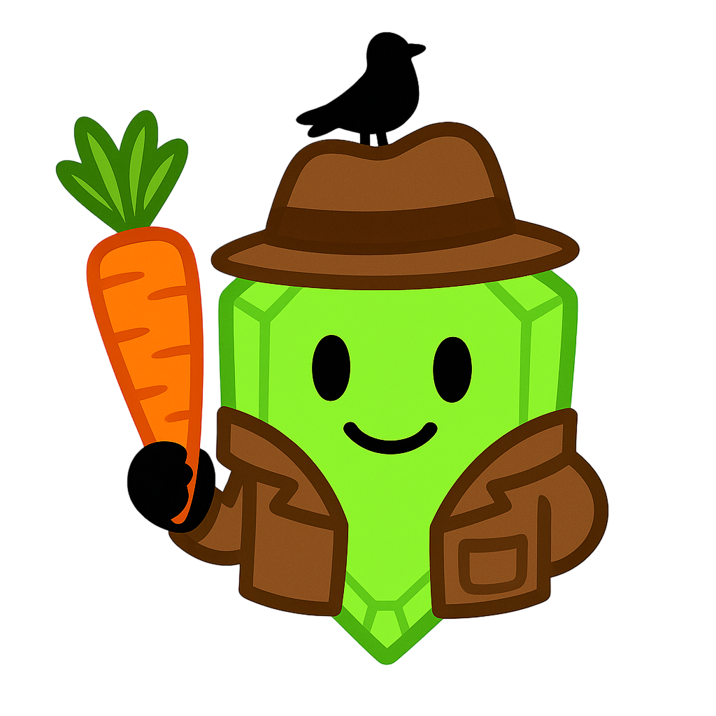 Cartoon green gem character holding a carrot, wearing a hat and coat, with a bird on top.
