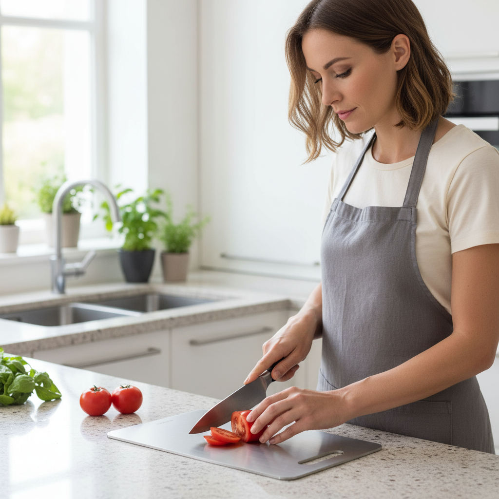 A woman in a grey apron slices a red tomato on a cutting board in a bright kitchen.