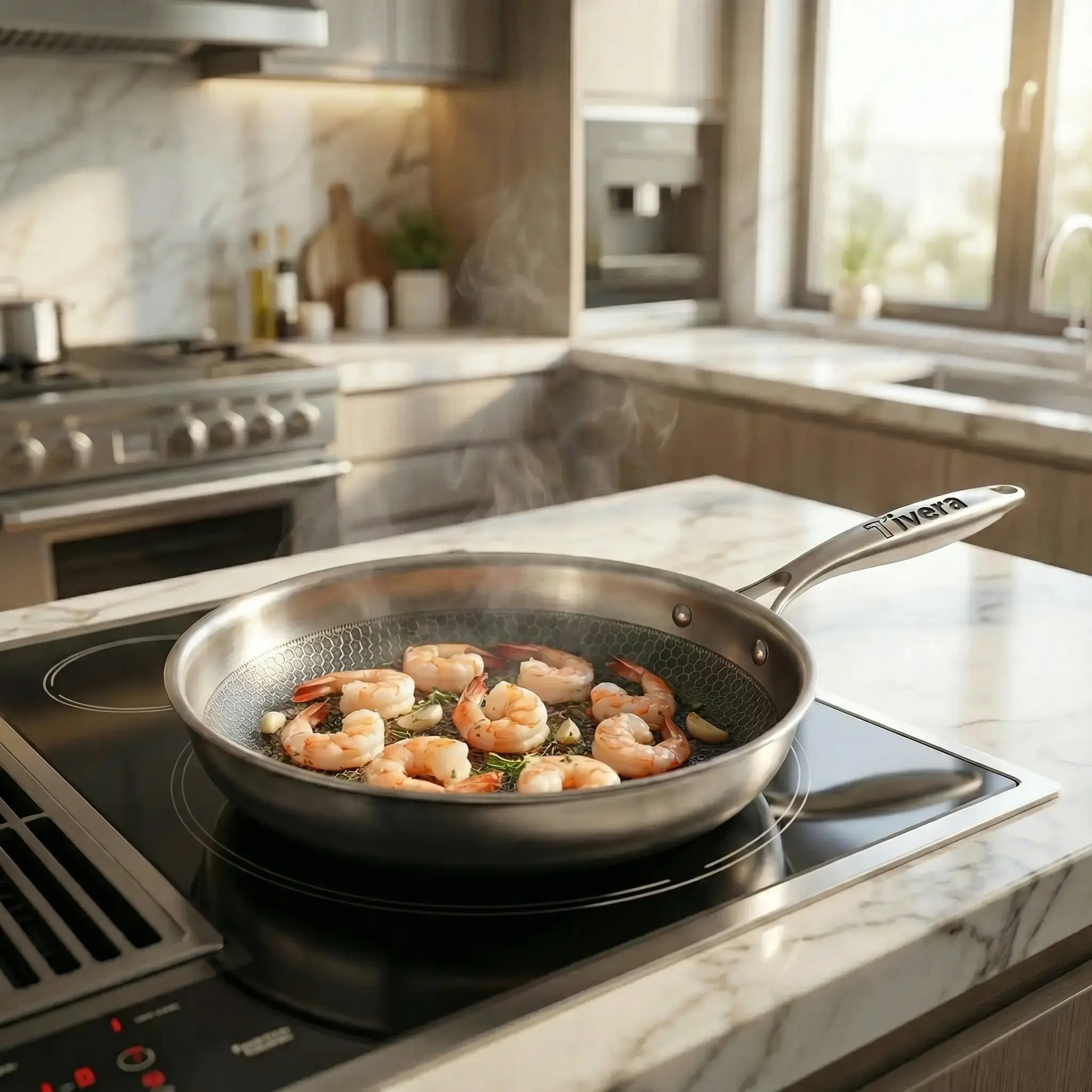 Shrimp sautéing with garlic in a stainless steel pan on an induction cooktop in a modern kitchen.