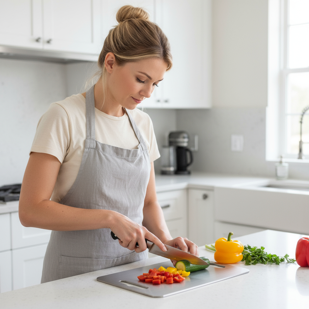 A woman in a grey apron stands in a white kitchen chopping colorful vegetables on a cutting board.