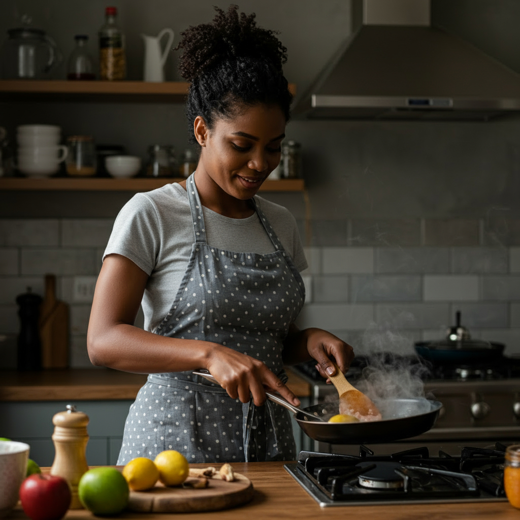 A smiling woman in a polka-dot apron stirs food in a steaming pan on a stovetop.