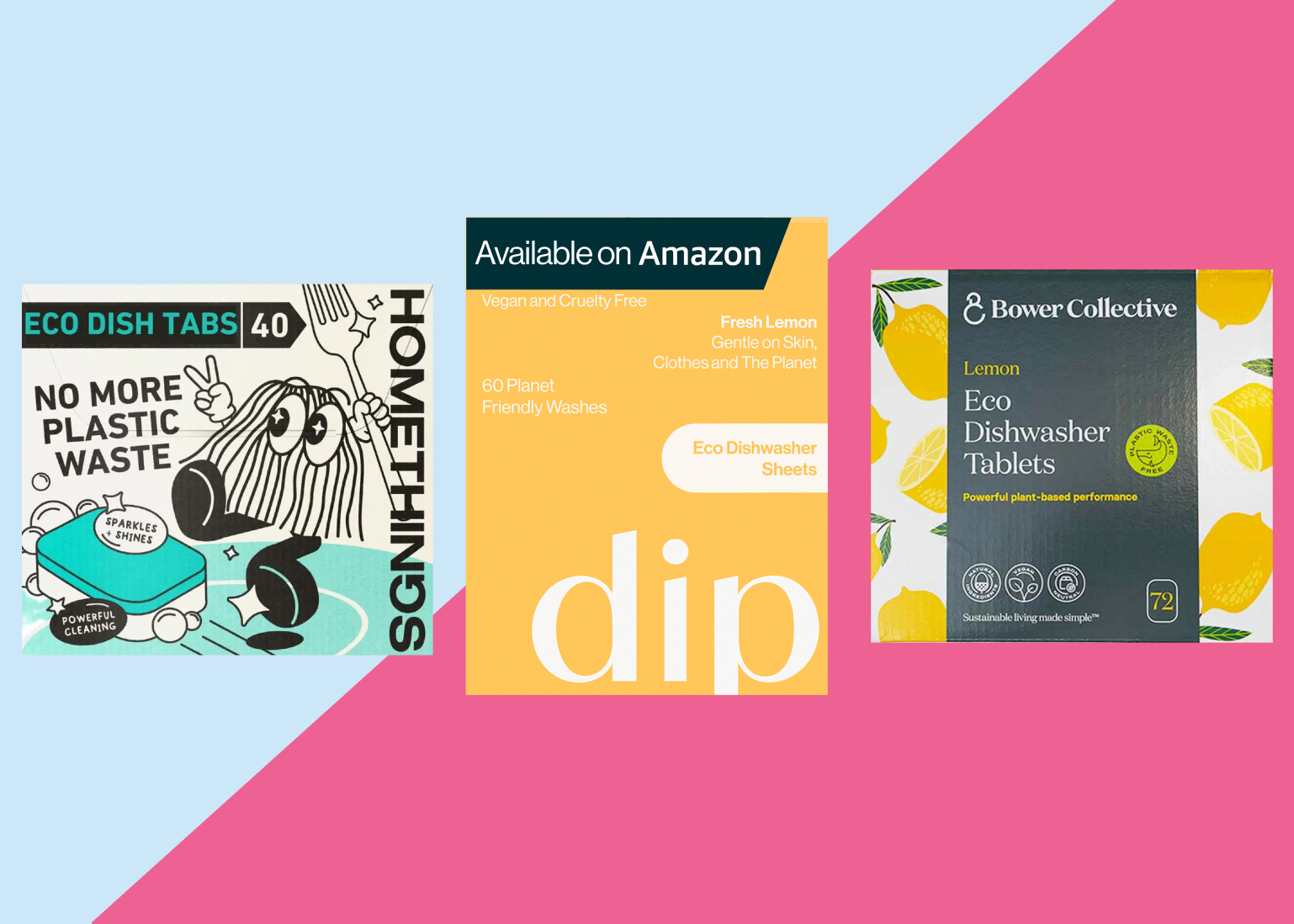 Three eco-friendly dishwasher product packages on a colorful background.