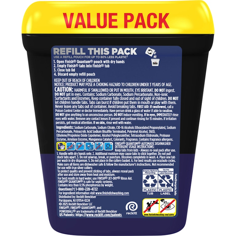 List of ingredients on a dishwasher detergent package.