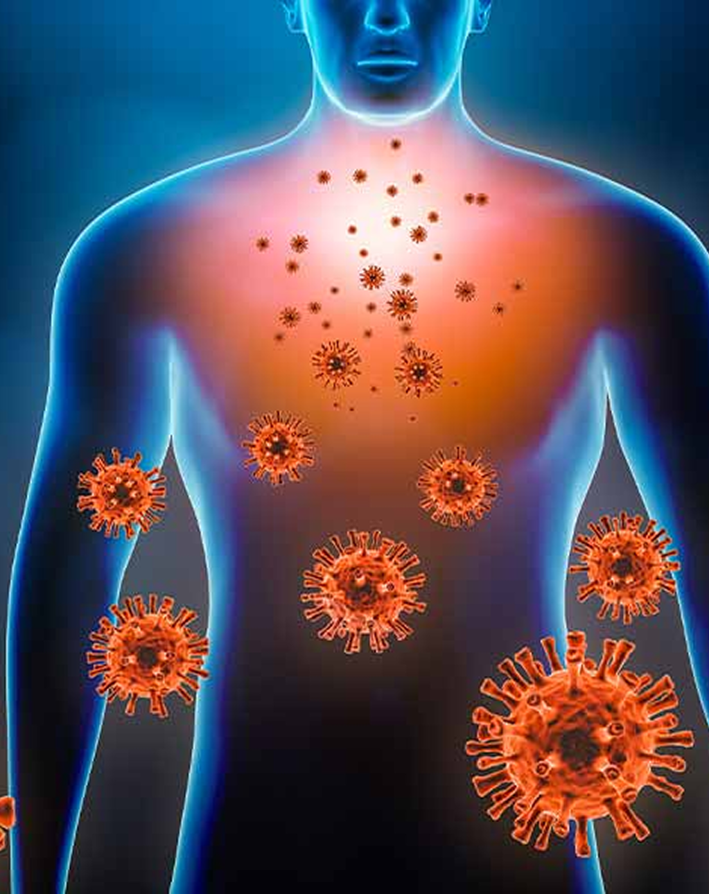 Illustration of a human figure with virus particles surrounding it.