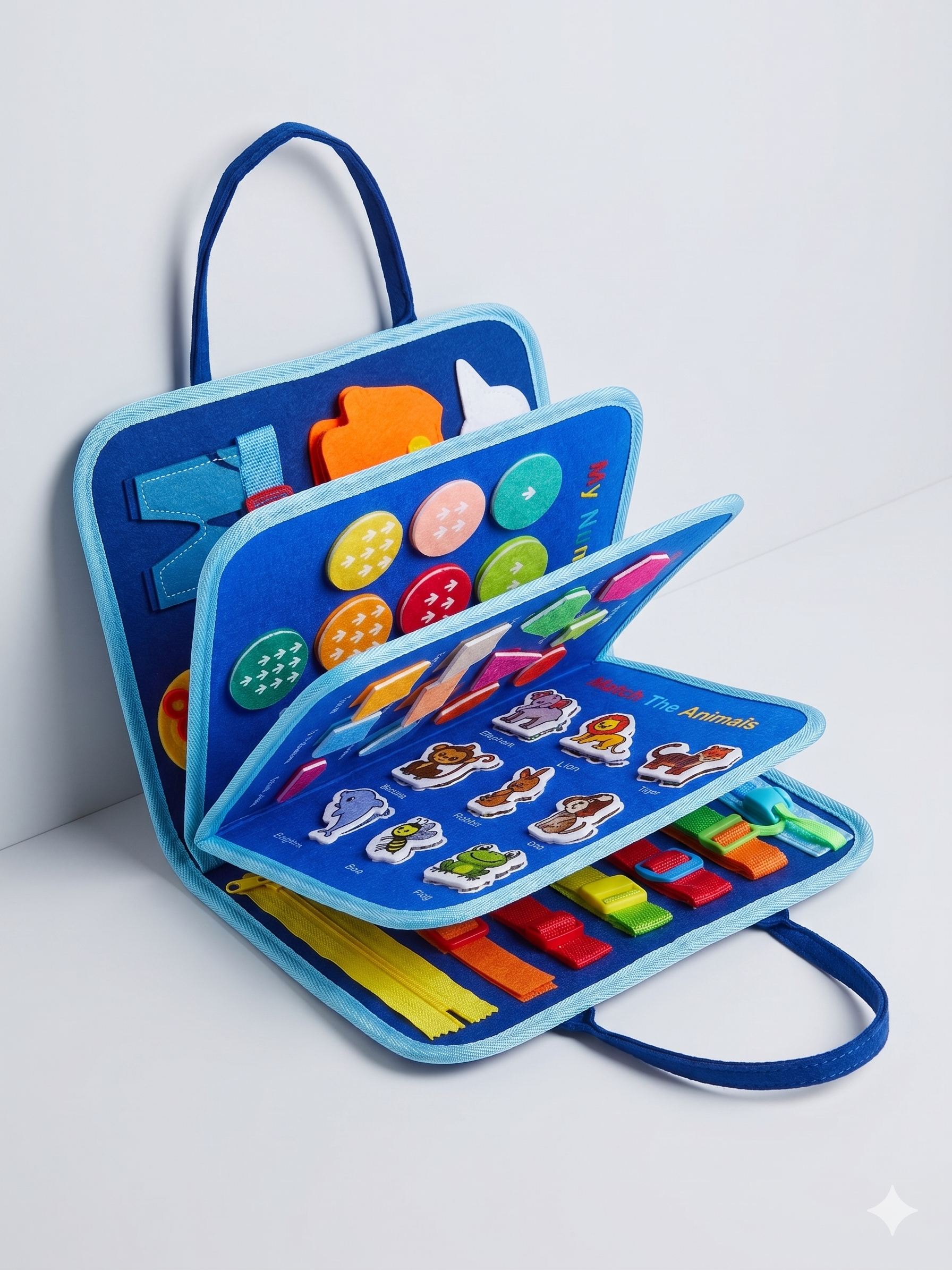 A blue fabric children's busy book open to pages with learning activities like buckles and animal patches.