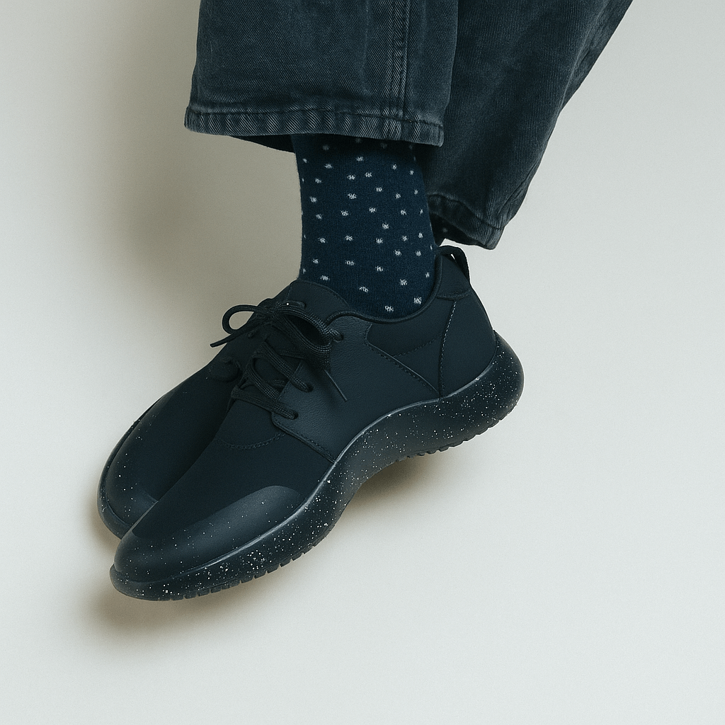 Person wearing black sneakers with speckled soles and dark pants.