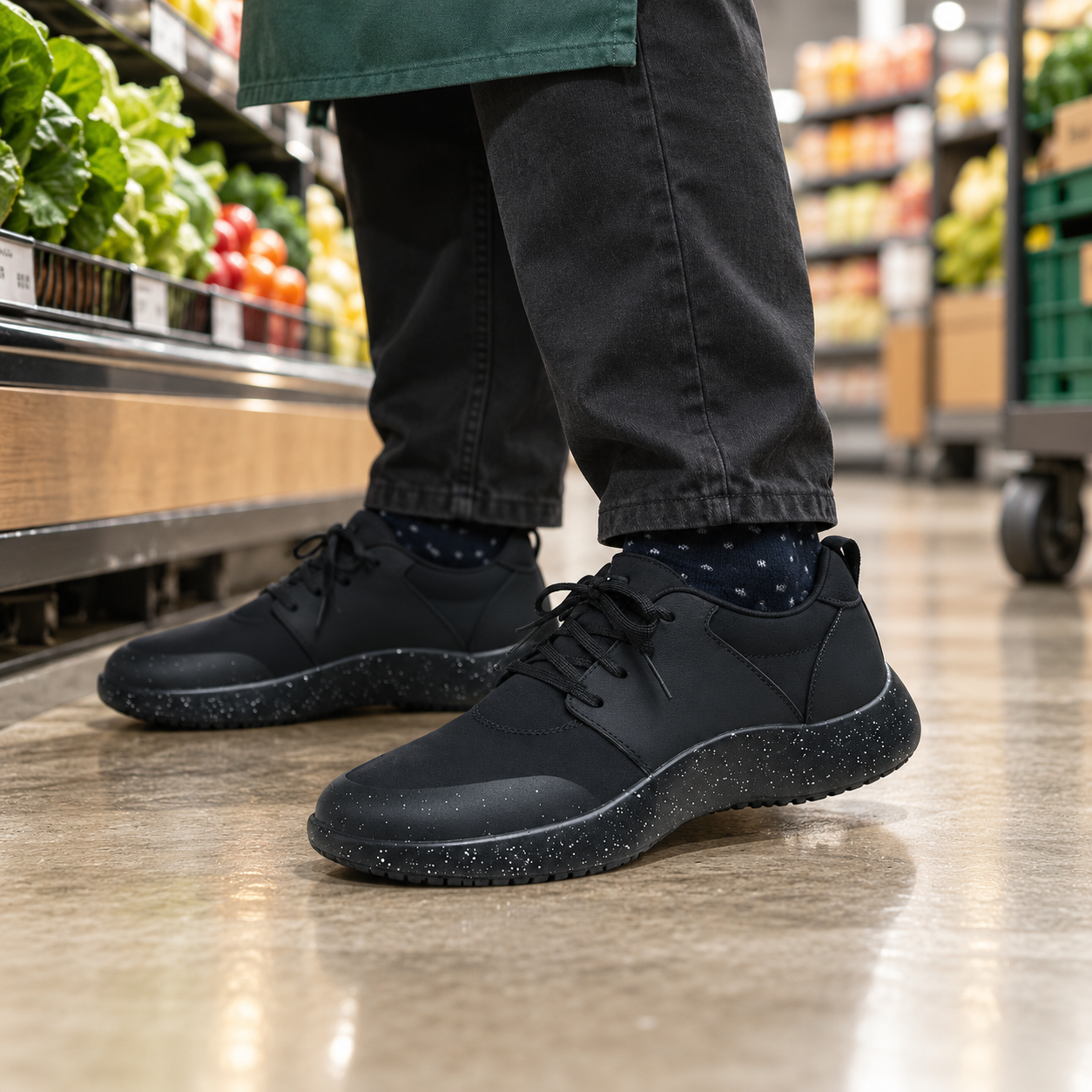 A person wearing black sneakers with speckled soles stands in a grocery store produce aisle.