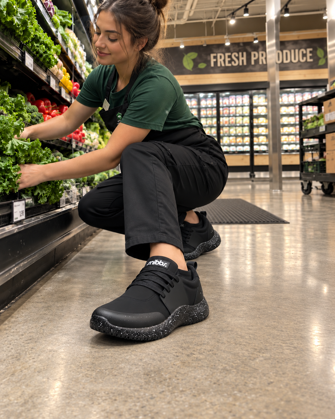 A woman wearing black speckled shoes crouches to arrange lettuce in a grocery store's produce section.