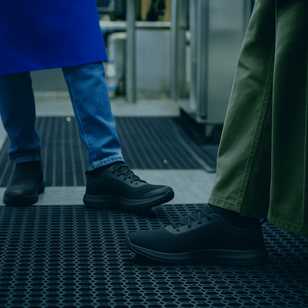 Two people wearing black shoes standing on a rubber mat.