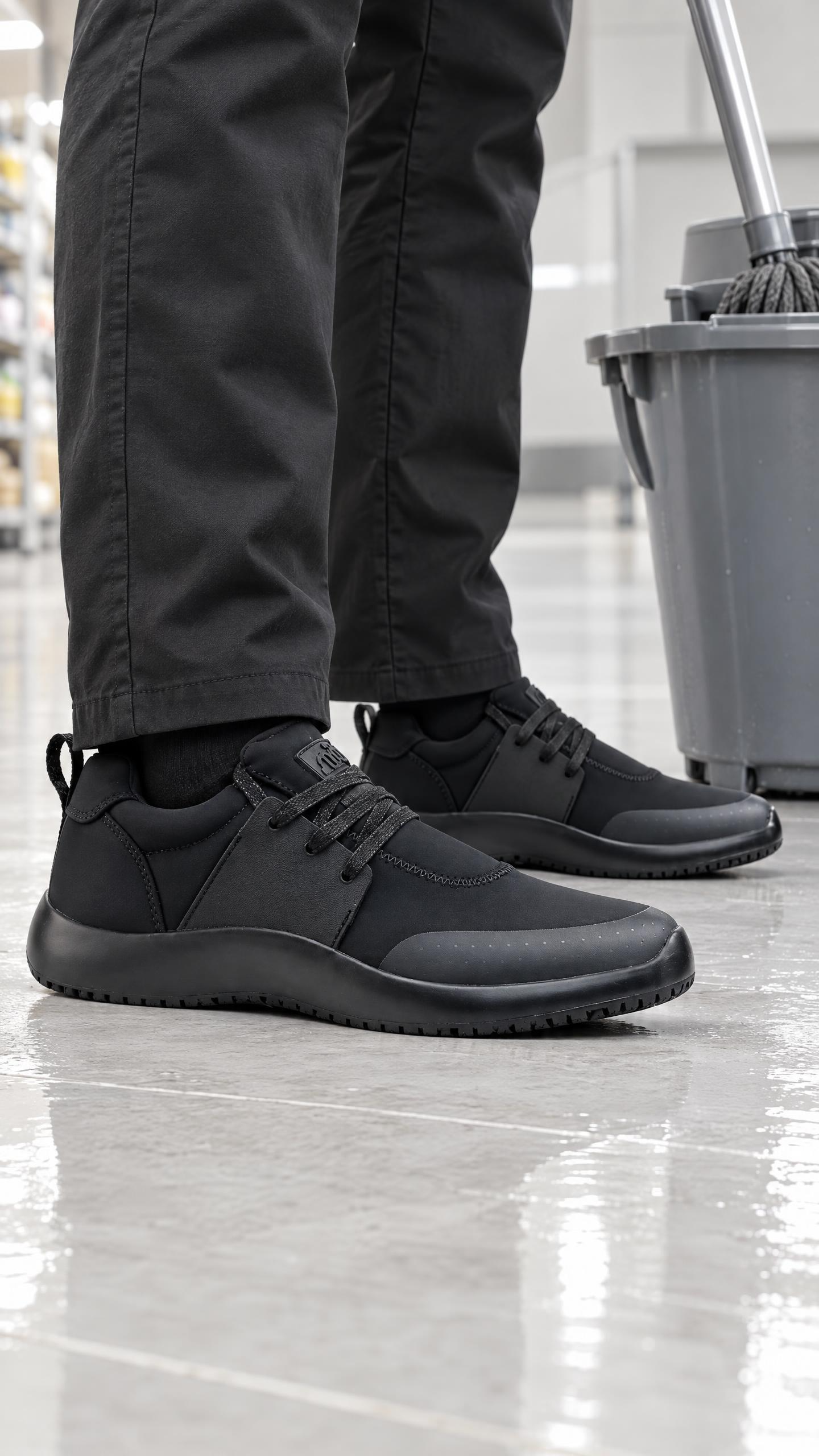 A person in black shoes and pants stands on a shiny floor next to a mop bucket.