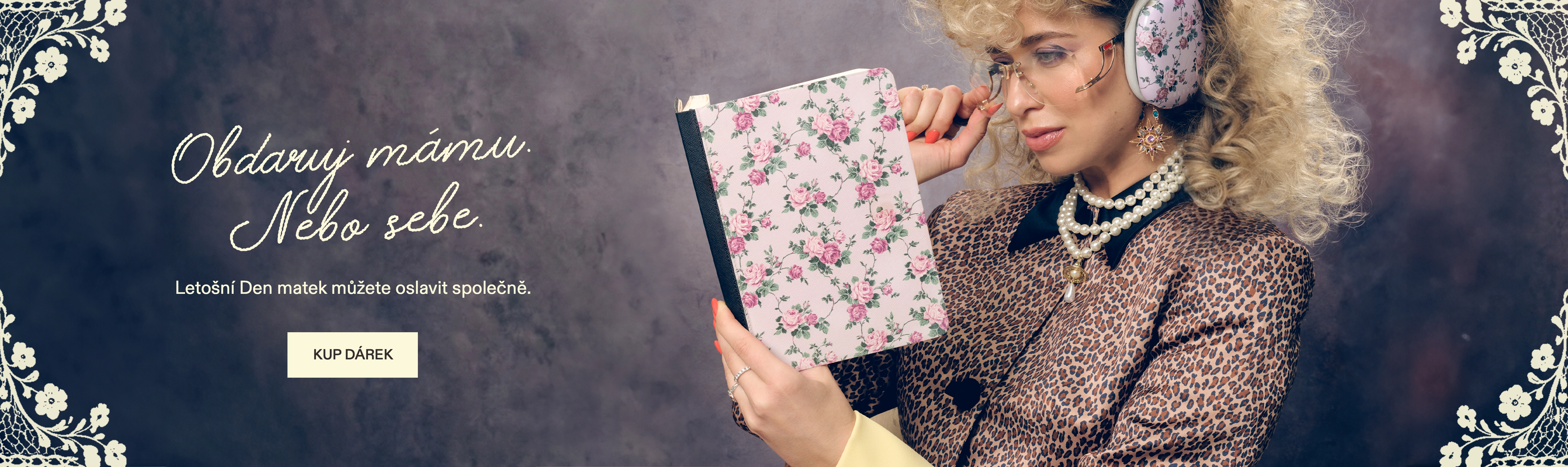 A woman in retro 80s attire with headphones and a floral notebook.