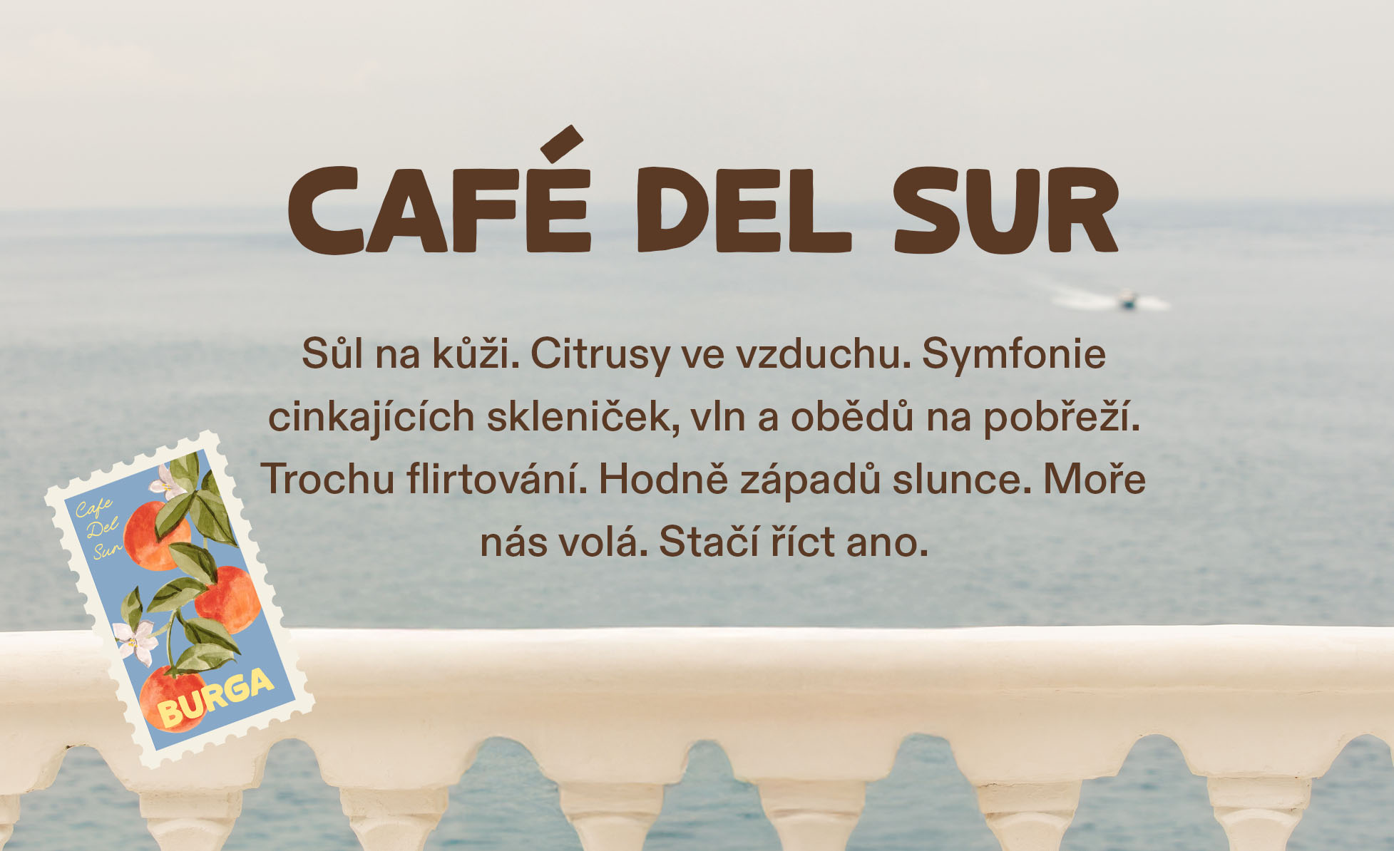 Text overlay on a sea view with a small fruit illustration.