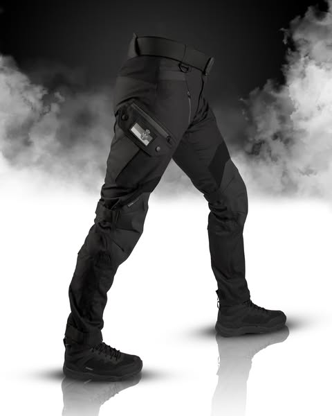 Black tactical pants with pockets, worn by a person, against a smoky background.