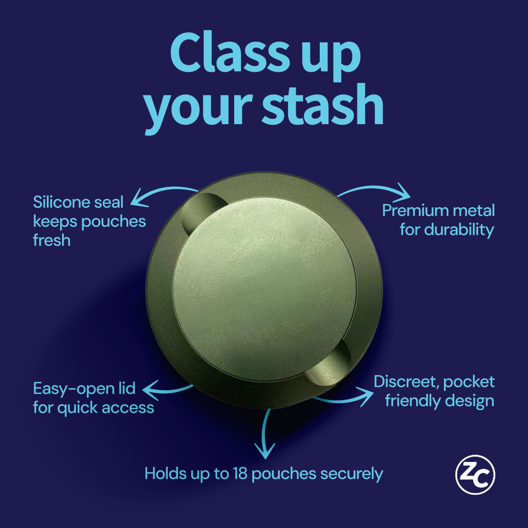 Round metal container with labels highlighting features; sleek design and durability.