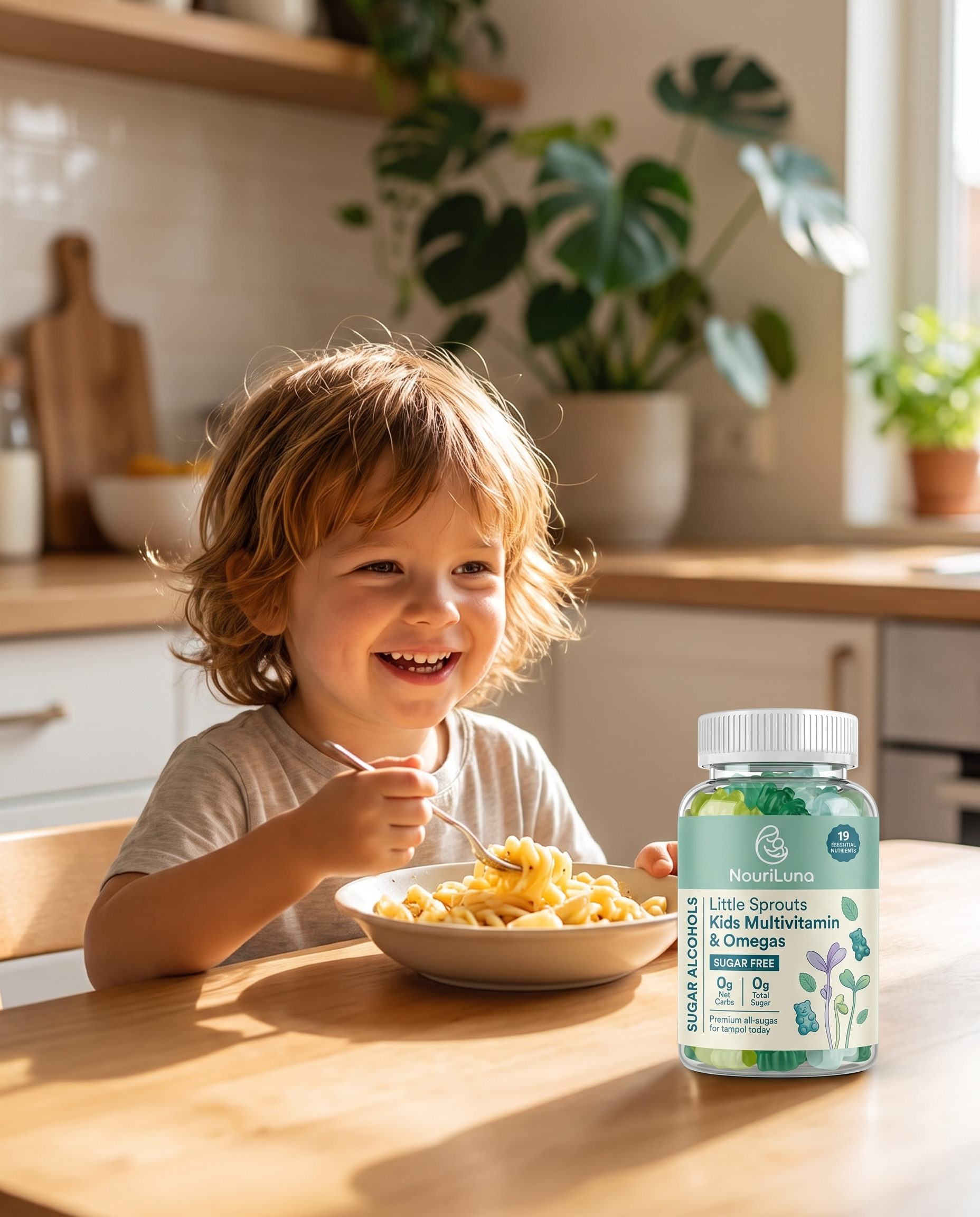 A smiling child eats pasta at a wooden table with a bottle of kids' vitamins next to them.