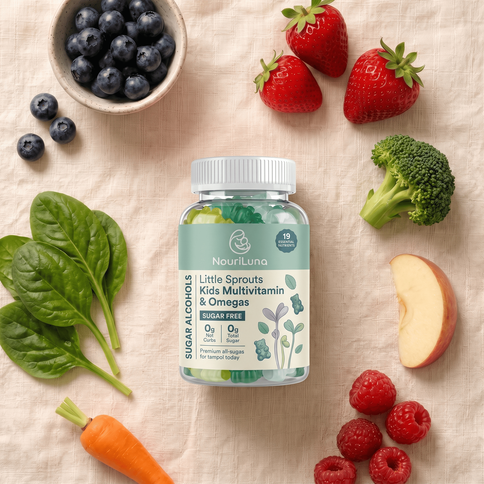 A bottle of children's vitamins surrounded by fresh fruits and vegetables on a light-colored cloth.
