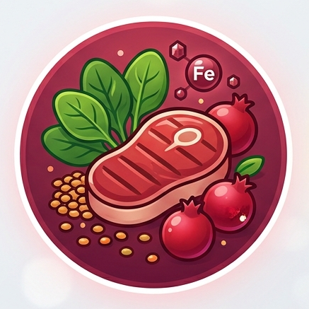 An illustration of iron-rich foods including steak, spinach, lentils, and pomegranates on a circular plate.