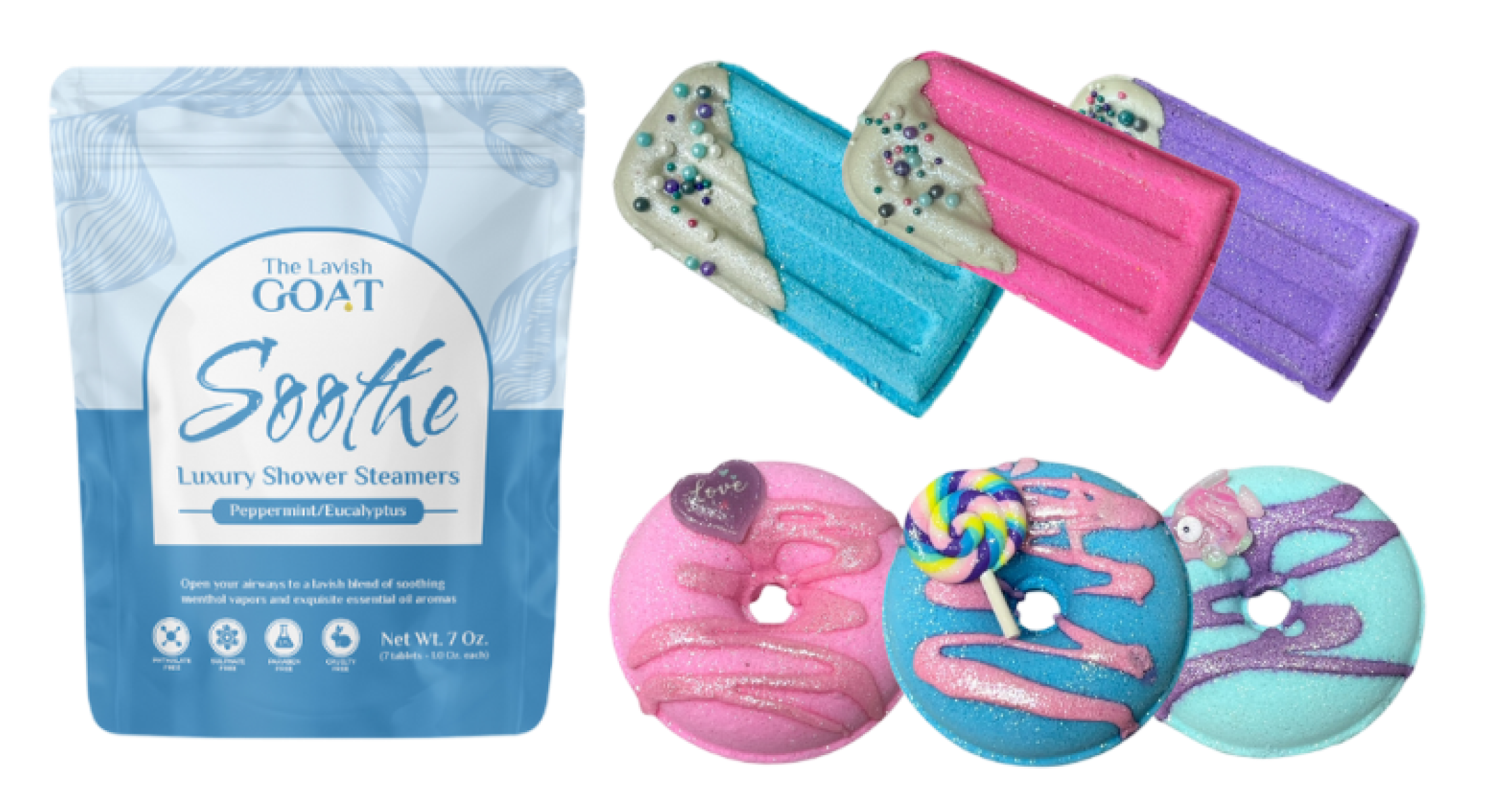Colorful shower steamers and packaging with decorative designs.