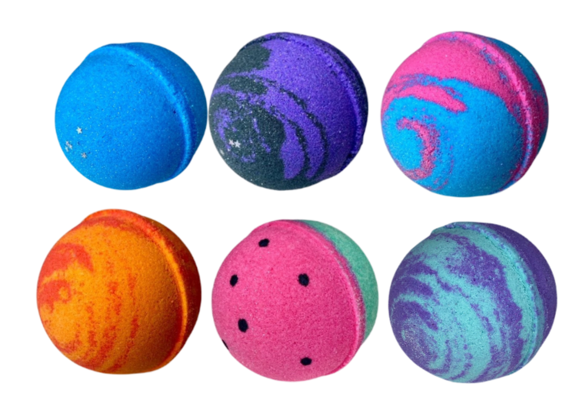 Six colorful bath bombs with various patterns on a green background.