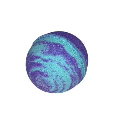 A round bath bomb with blue and purple swirls.