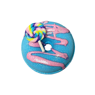 Blue donut with pink icing and a colorful lollipop on top.
