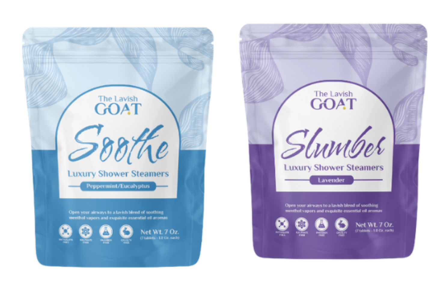 Two packages of luxury shower steamers, labeled Soothe and Slumber.