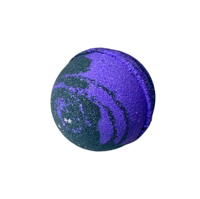 Purple and black swirled bath bomb on a white background.