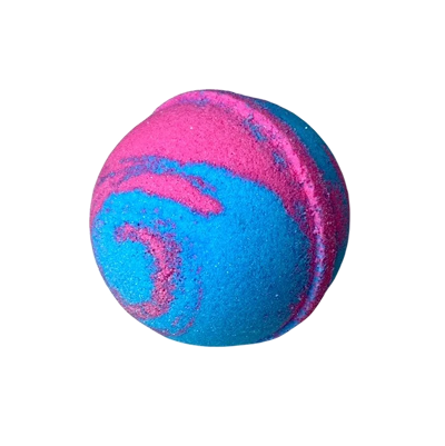 A colorful bath bomb with pink and blue swirls on a white background.