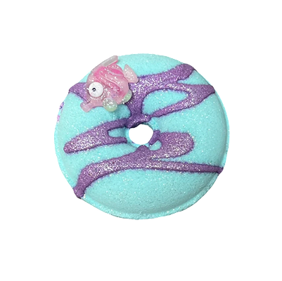 Blue donut with purple icing and a small pink fish decoration.