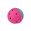 A round, pink and green object with black dots, resembling a watermelon.