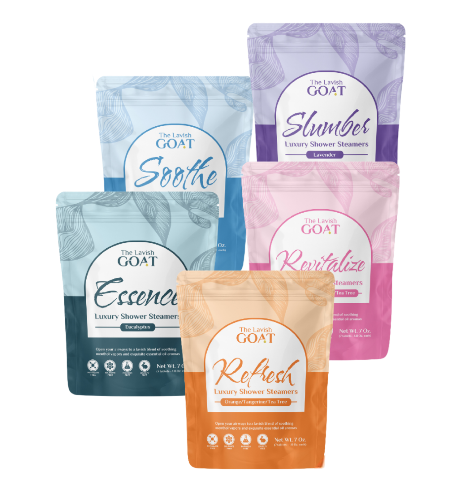 Five colorful packets of luxury shower steamers with different scents.
