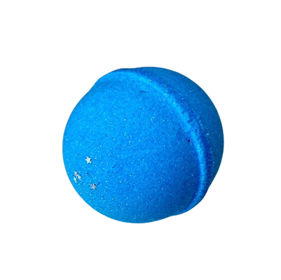 Blue bath bomb with small star decorations on a white background.