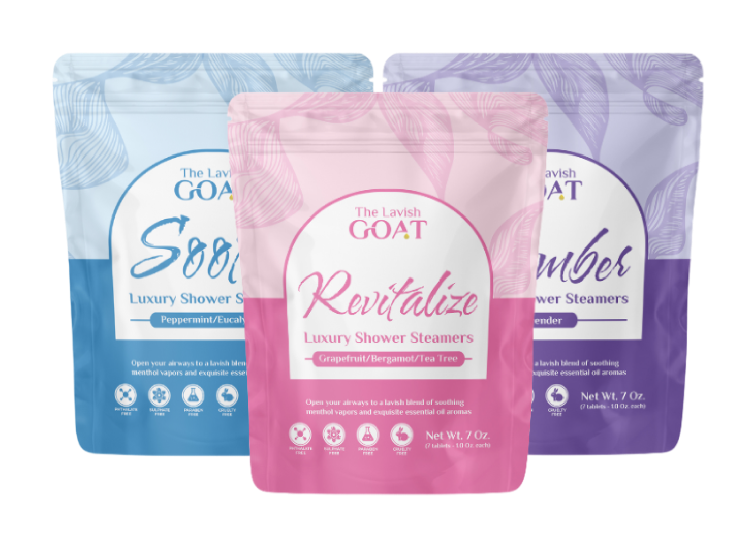 Three colorful bags of luxury shower steamers with different scents.