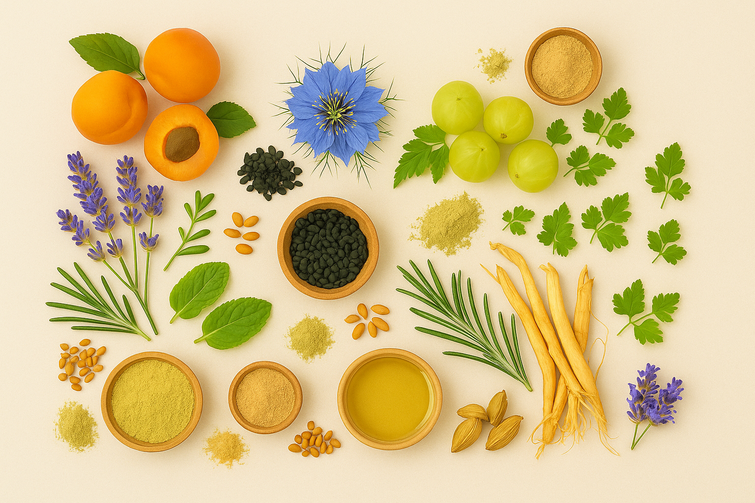 Assorted herbs, spices, and fruits arranged on a light background.